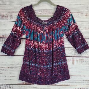 Lucky Brand Peasant Blousy Top Size M Purple Blue Paisley Geo Stretchy Boho 70's